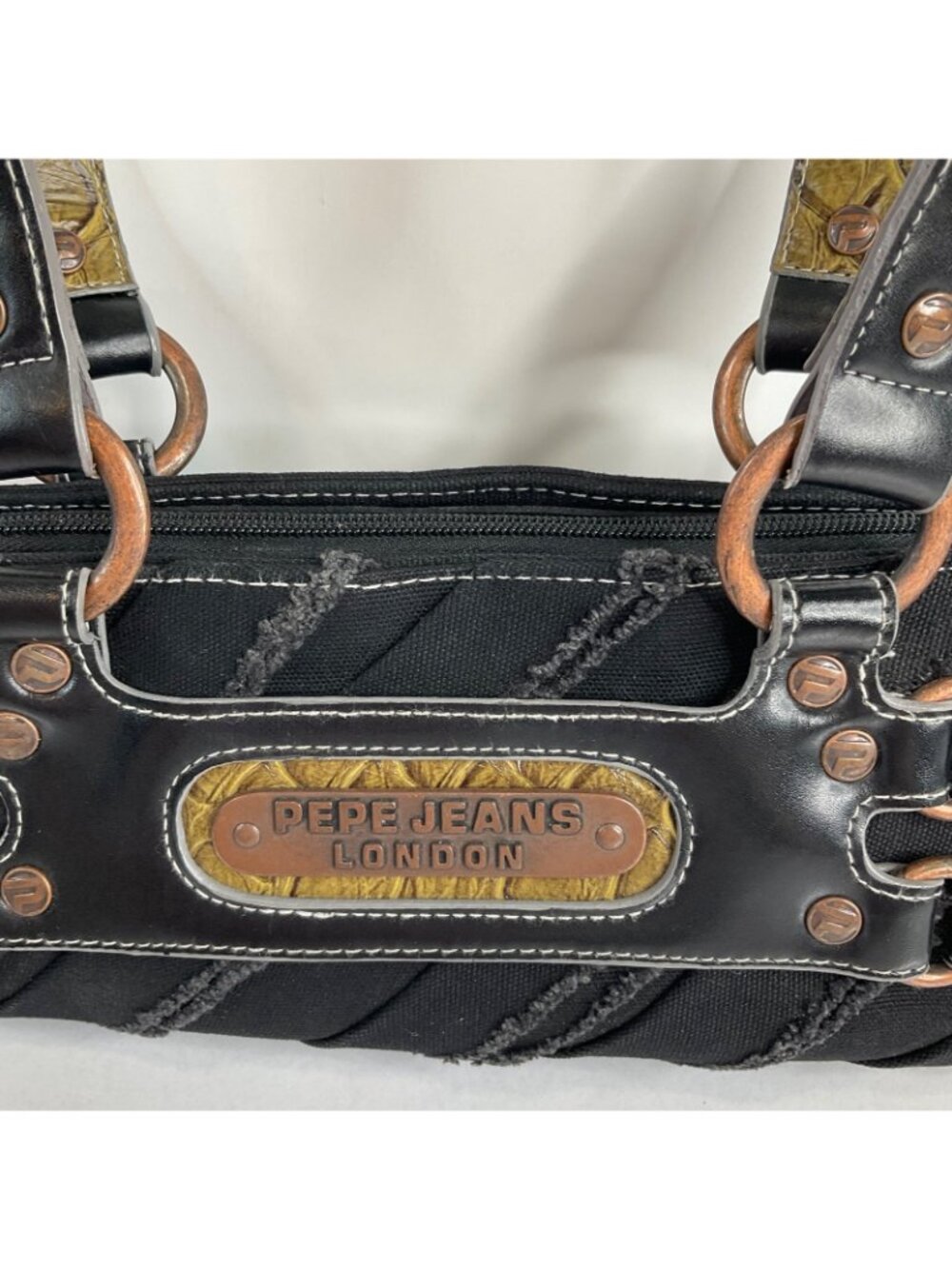 Pepe Jeans Purse Small Black Denim Frayed Vintage Brass Hardware London Rare Y2K - Picture 3 of 15